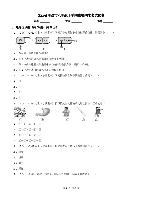 江西省南昌市八年级下学期生物期末考试试卷