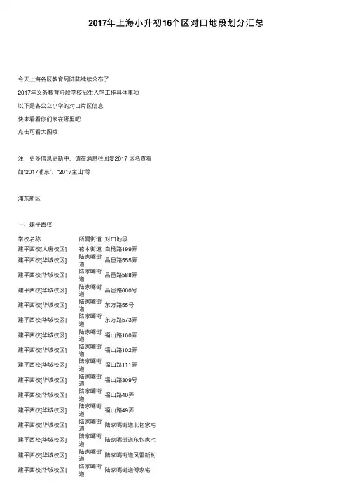 2017年上海小升初16个区对口地段划分汇总