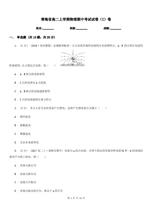 青海省高二上学期物理期中考试试卷(I)卷(测试)