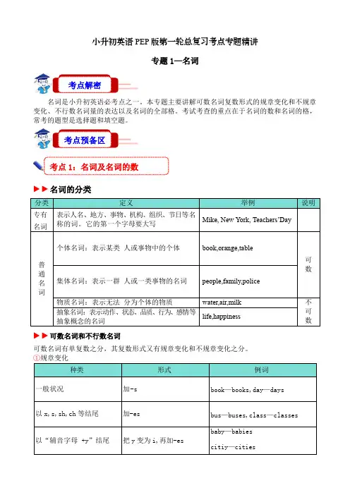 考点1名词—专题精讲名词(讲义)人教PEP版英语六年级下册