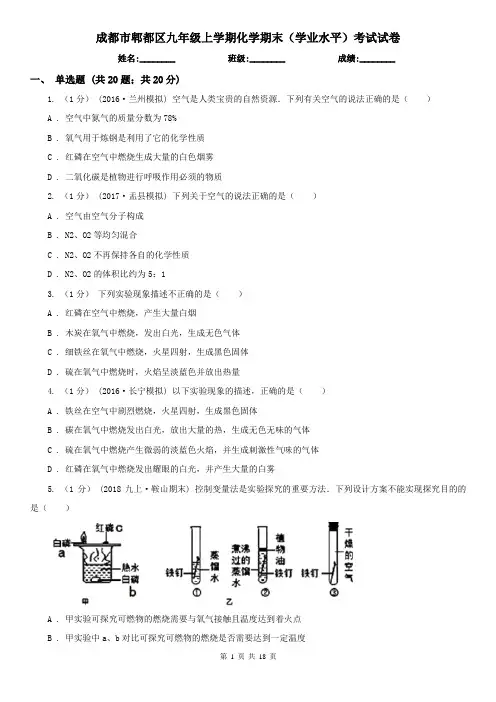 成都市郫都区九年级上学期化学期末(学业水平)考试试卷