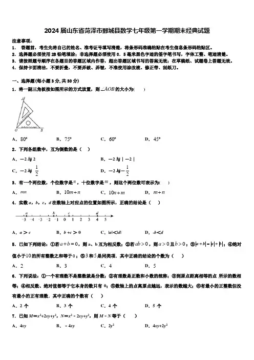 2024届山东省菏泽市鄄城县数学七年级第一学期期末经典试题含解析