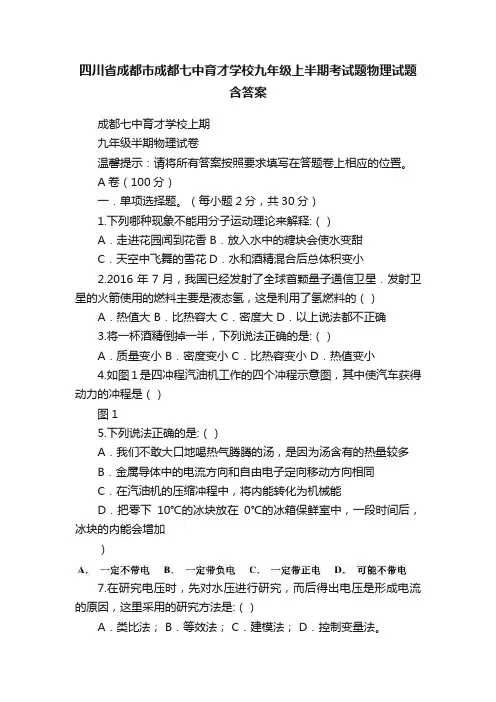 四川省成都市成都七中育才学校九年级上半期考试题物理试题含答案