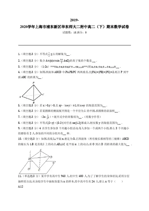 2019-2020学年上海市浦东新区华东师大二附中高二(下)期末数学试卷