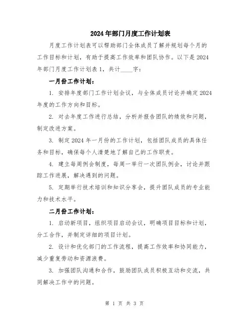 2024年部门月度工作计划表