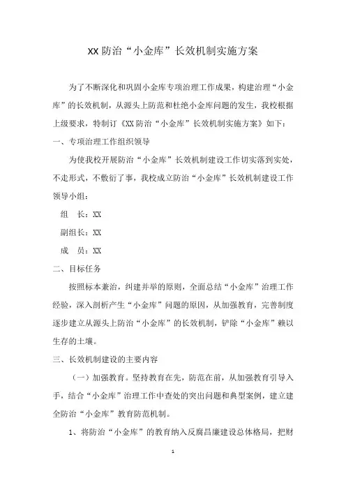 XX防治“小金库”长效机制实施方案
