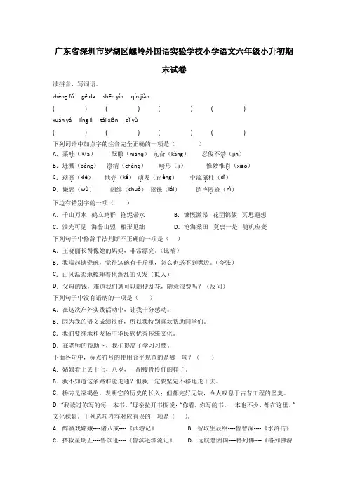 广东省深圳市罗湖区螺岭外国语实验学校小学语文六年级小升初期末试卷