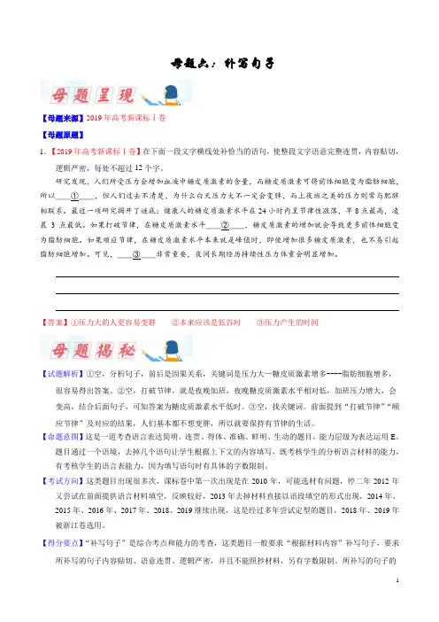 专题06 补写句子-2019年高考语文母题题源系列(原卷版)