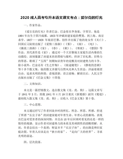 2020成人高考专升本语文课文考点：爱尔克的灯光