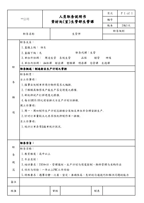 生管课生管师职务说明书