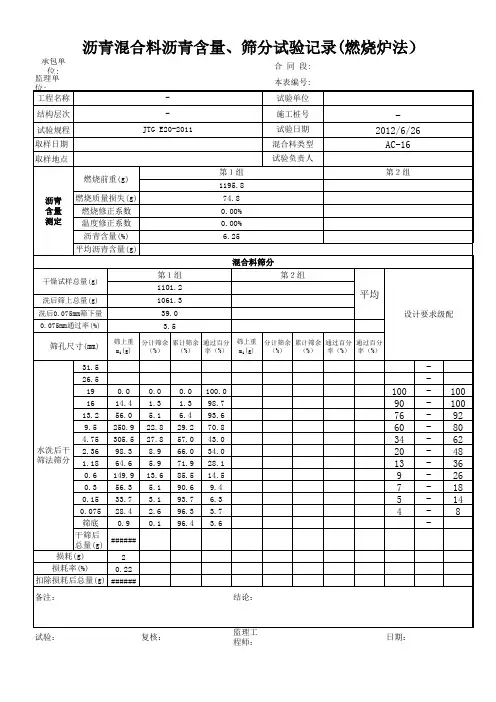 燃烧炉法沥青含量修正表
