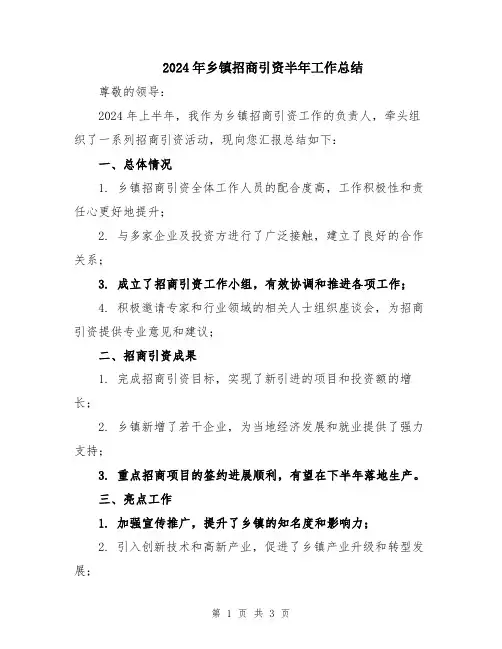 2024年乡镇招商引资半年工作总结