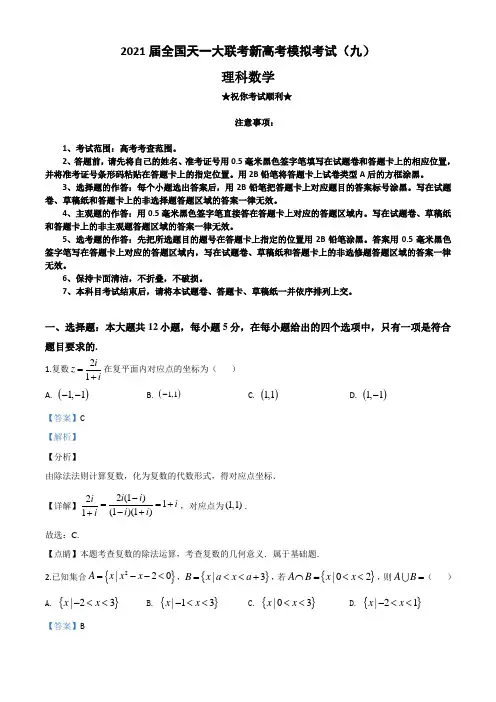 2021届全国天一大联考新高考模拟考试(九)理科数学