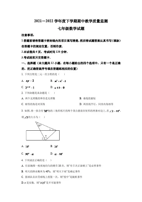 山东省泰安市肥城市(五四制)2021-2022学年七年级下学期期中教学质量监测数学试卷(含答案)