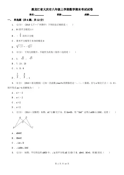 黑龙江省大庆市八年级上学期数学期末考试试卷