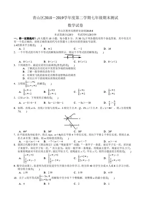 青山区2018-2019学年度下学期期末考试七年级数学试卷(word版)