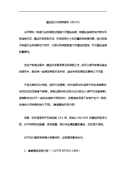 螺丝扭力对照表国标 GB1231