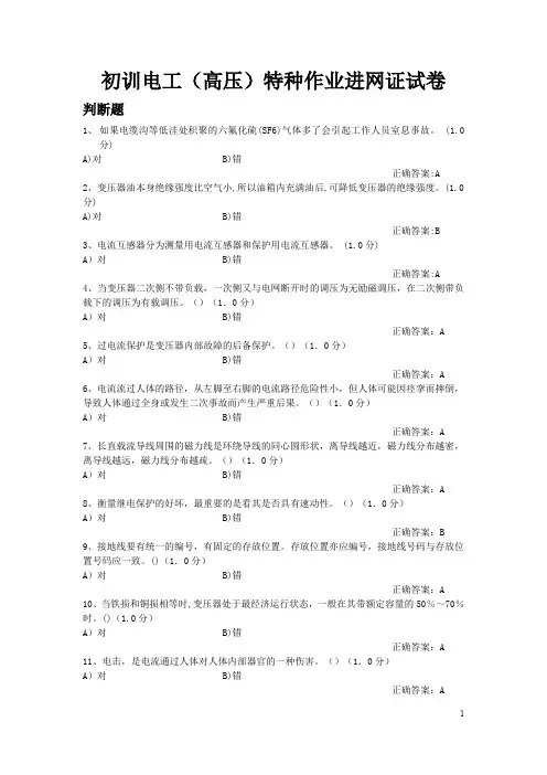 初训电工(高压)特种作业进网证试卷及答案