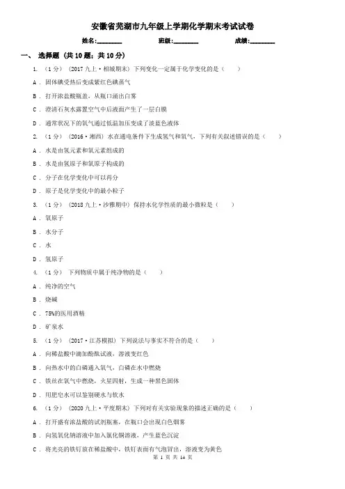 安徽省芜湖市九年级上学期化学期末考试试卷