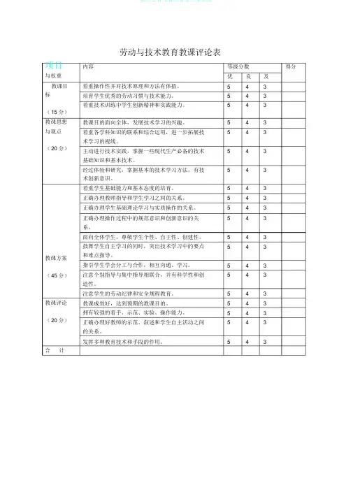 劳动及技术教育教学评价表格