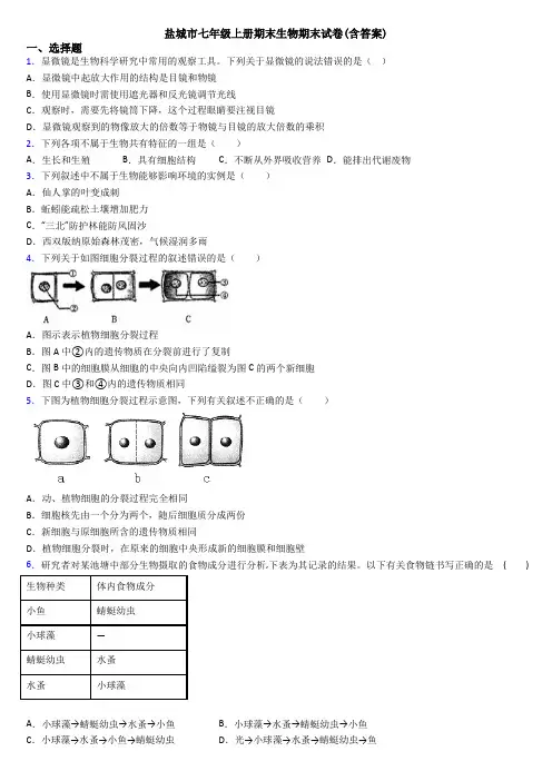 盐城市七年级上册期末生物期末试卷(含答案)
