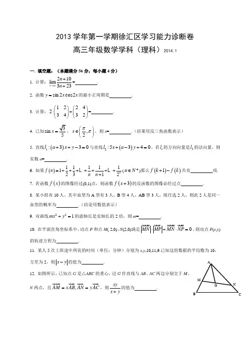 上海市徐汇区2014届高三上学期期末学习能力诊断数学理试题(WORD版,有答案)