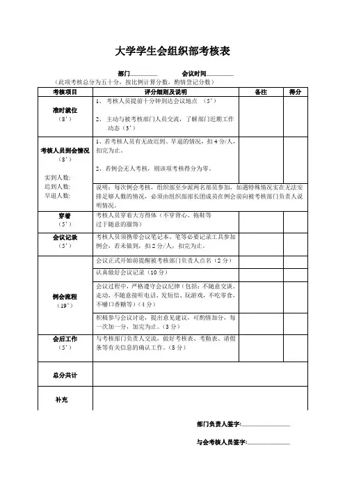 大学学生会组织部考核表