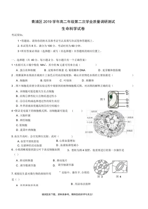 上海市青浦区2020届高三生物二模试卷