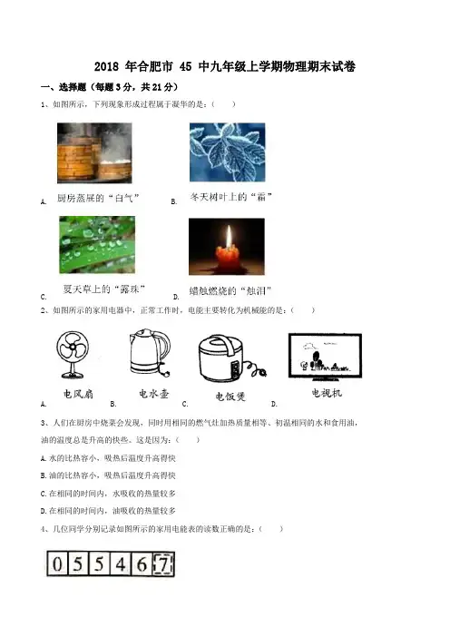 安徽省合肥市45中2018-2019学年九年级上学期期末试卷物理试题