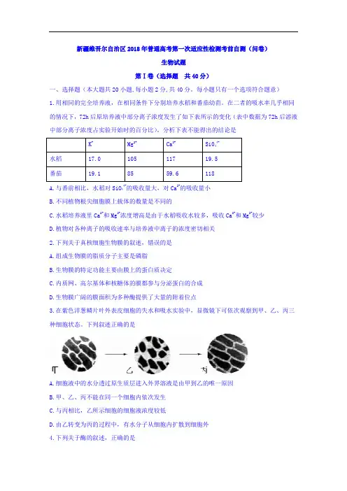 新疆维吾尔自治区2018年普通高考第一次适应性检测考前自测问卷生物试题  精品