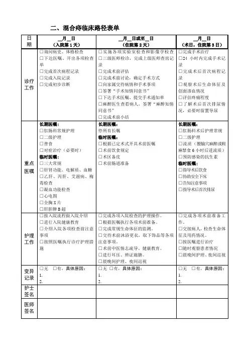 二、混合痔临床路径表单
