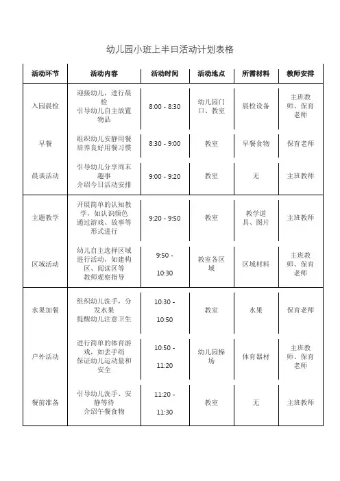 幼儿园小班上半日活动计划表格