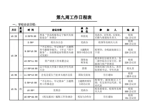 第九周工作日程表