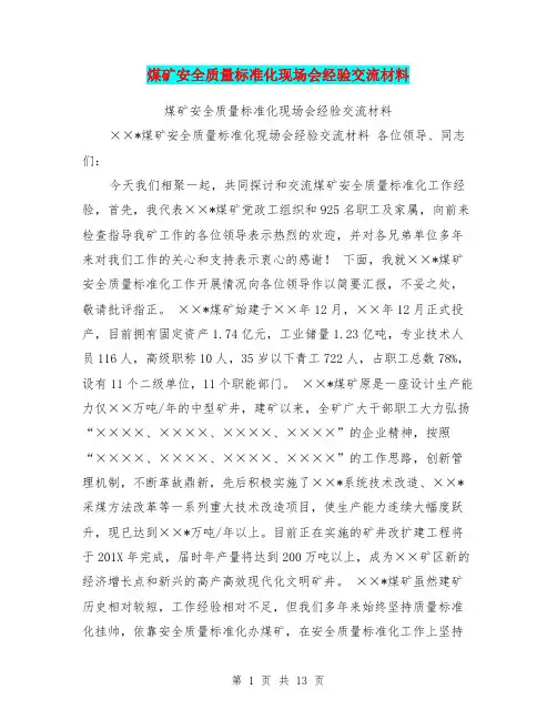煤矿安全质量标准化现场会经验交流材料