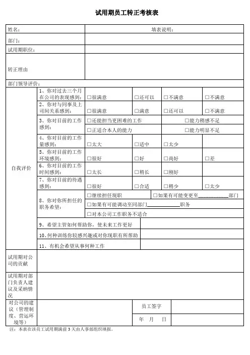 试用期员工转正考核表