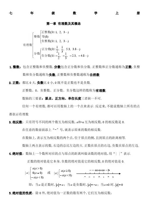 浙教版数学七年级上知识点总结及相关考点习题