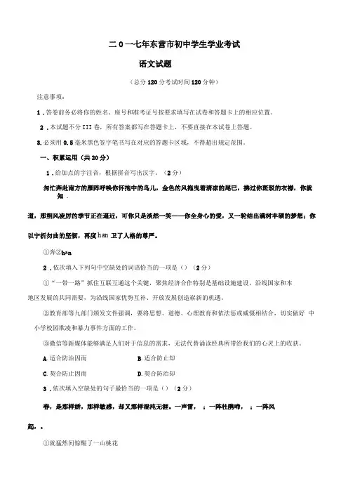 2017年山东东营中考语文试卷及答案版