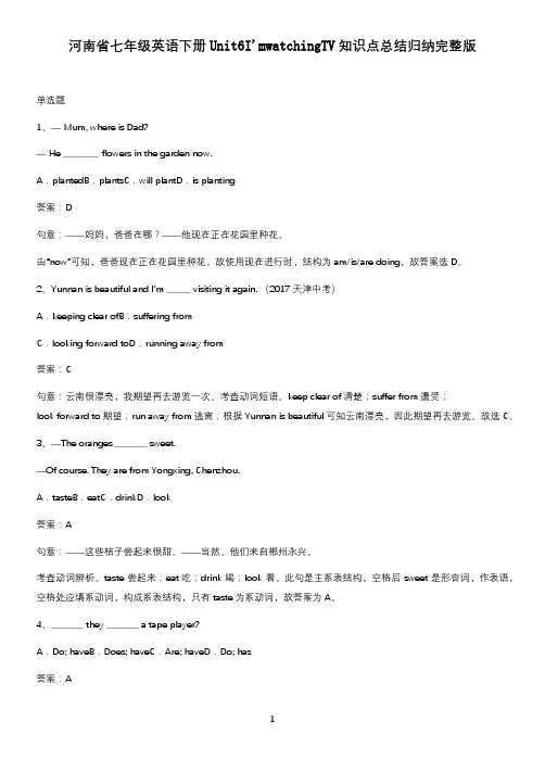 河南省七年级英语下册Unit6I'mwatchingTV知识点总结归纳完整版