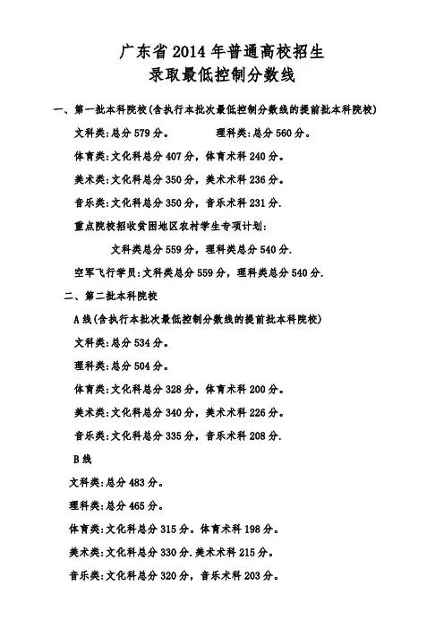 广东省2014年招生录取分数线