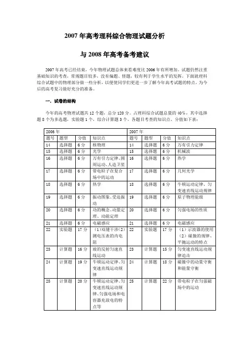 2007年高考理科综合物理试题分析