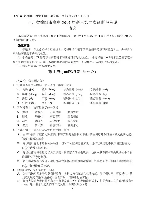 四川省绵阳市高中2019届高三第二次诊断性考试(语文)