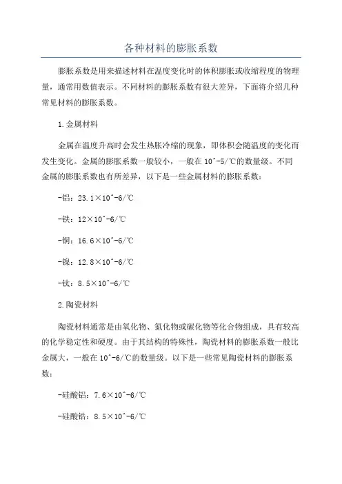 各种材料的膨胀系数