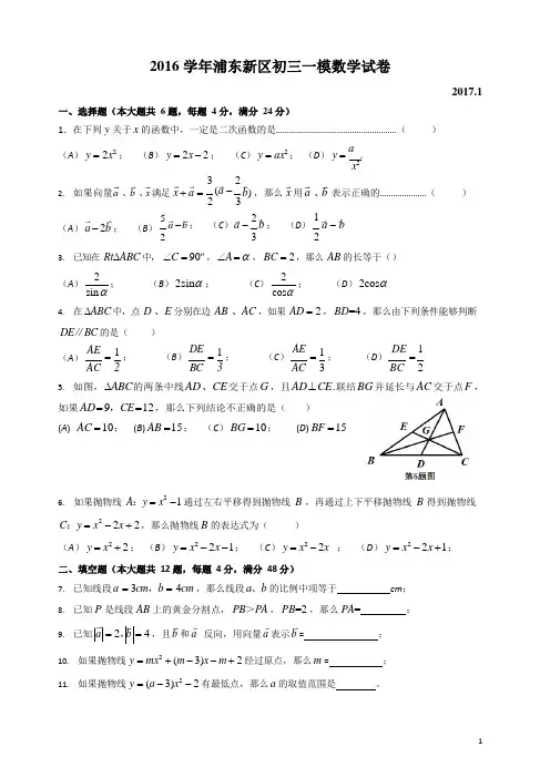 上海市2017浦东区初三数学一模试卷