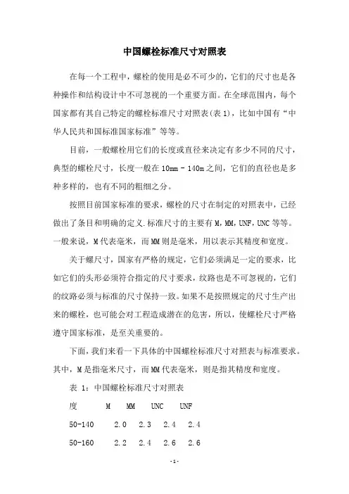 中国螺栓标准尺寸对照表