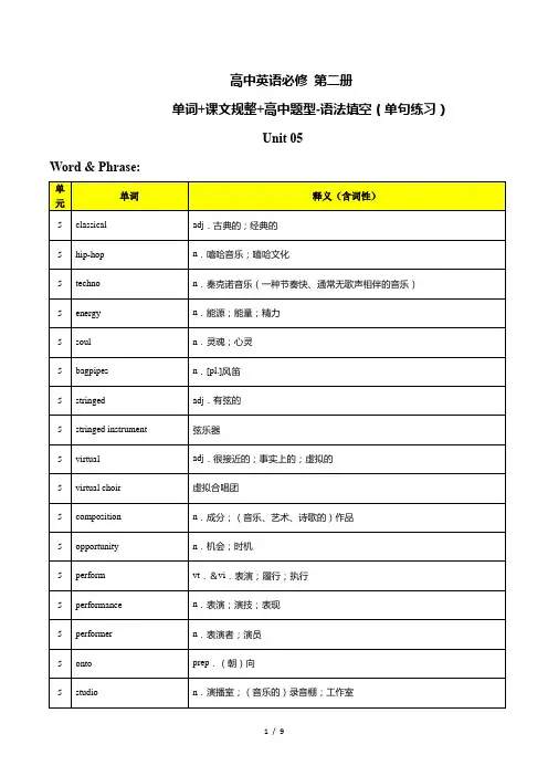 人教版( )必修第二册：Unit 5 Music 语法填空单句练习(含答案)