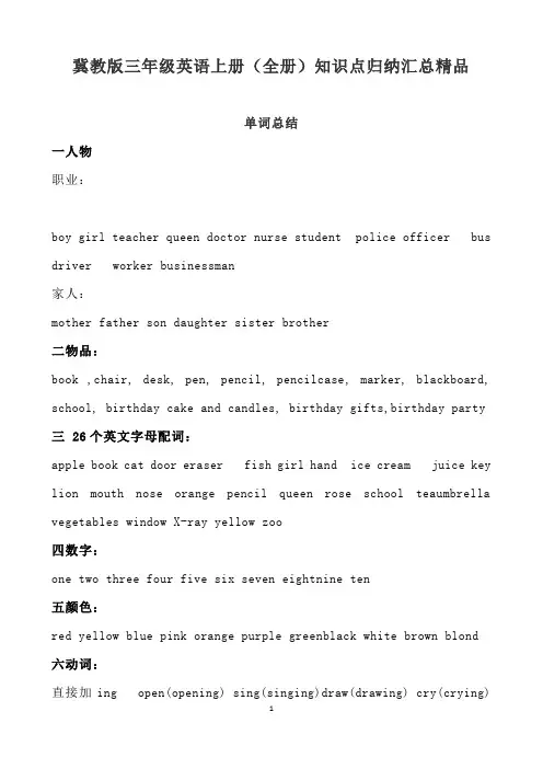 冀教版三年级英语上册(全册)知识点归纳汇总精品