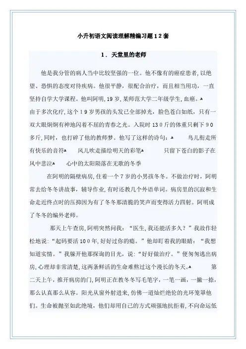 1小升初语文阅读理解精编习题12套(附标准答案)
