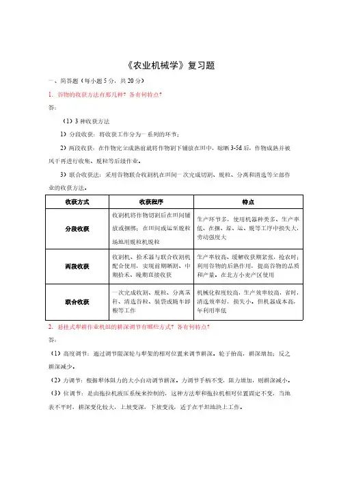 农业机械学期末复习考试(川农)