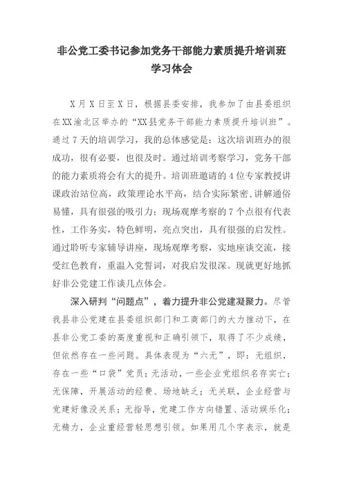 非公党工委书记参加党务干部能力素质提升培训班学习体会