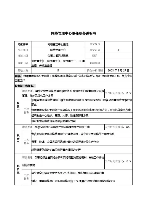 网络管理中心主任职务说明书